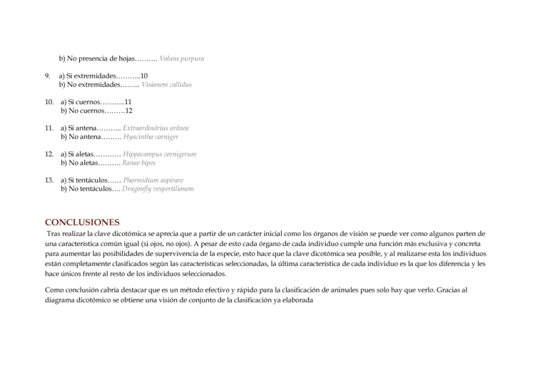 Clave dicotómica de las criaturas creadas 10