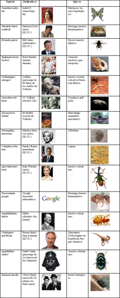 Tabla nombres científicos curiosos