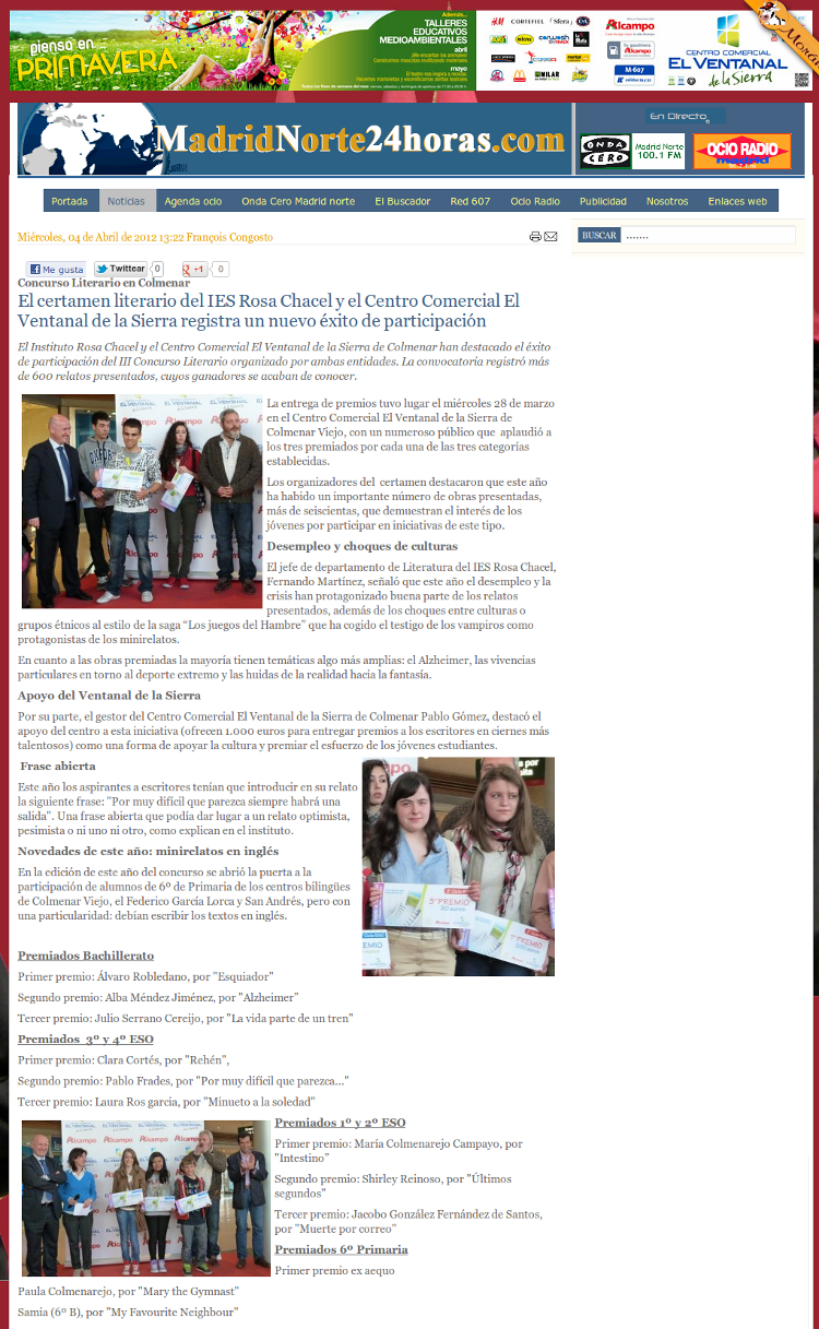 Noticia concurso literario en Madrid Norte 24 Horas